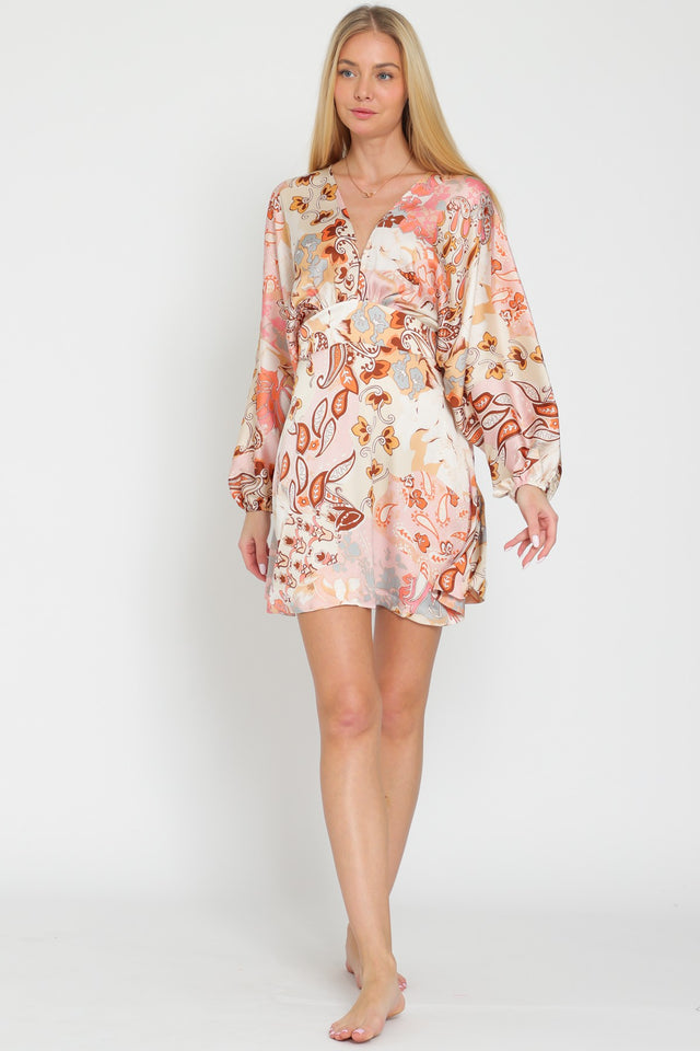 Long Sleeve Tie Back Neck Elastic Back Dress
