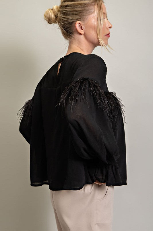 Feather Detail Long Sleeve Top in Black