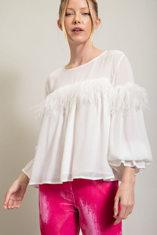 Feather Detail Long Sleeve Top in White