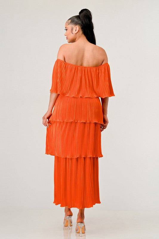 Pleated Tiered Off-Shoulder Maxi Dress