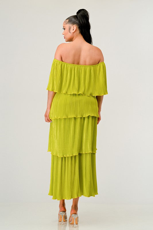 Pleated Tiered Off-Shoulder Maxi Dress