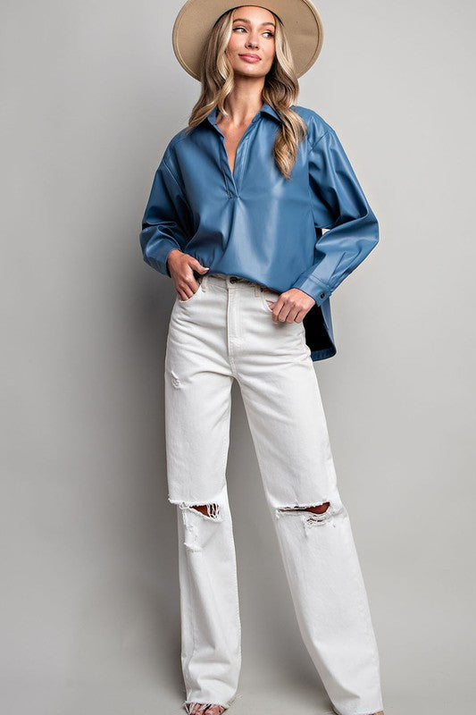 Long Sleeve Pleather Shirt