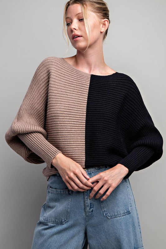 Ribbed Color Block Sweater in Black