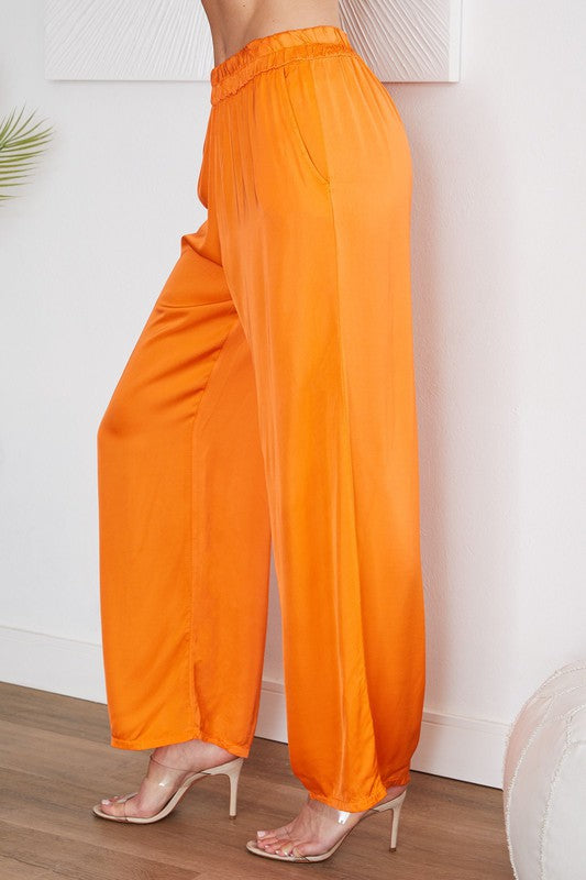 Elastic Waist Wide Leg Soft Satin Pants With Side Pockets