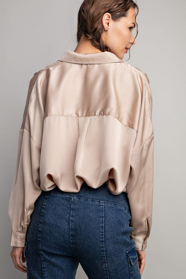 Tab Collar Blouse Top in Taupe