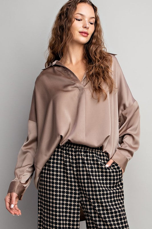 Tab Collared Blouse Top in Coco