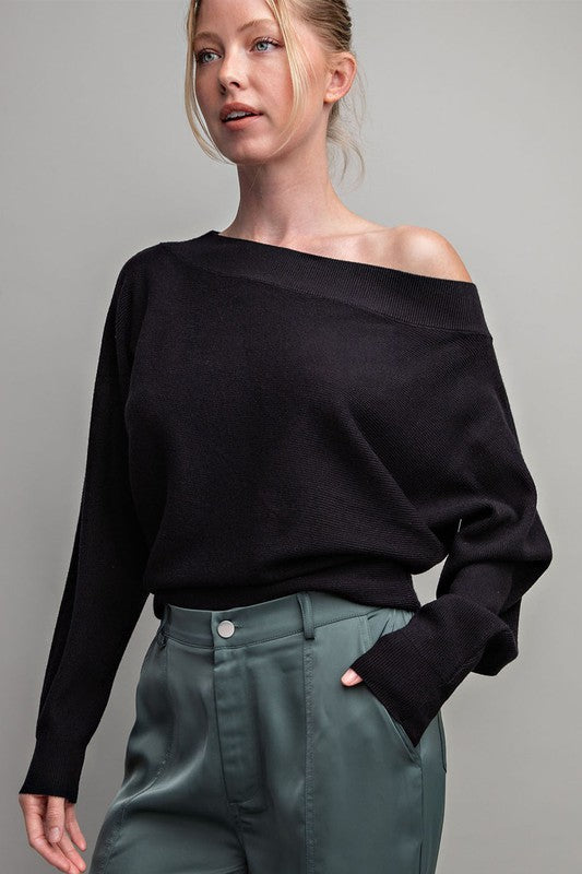 Boat Neck Ribbed Knit Sweater