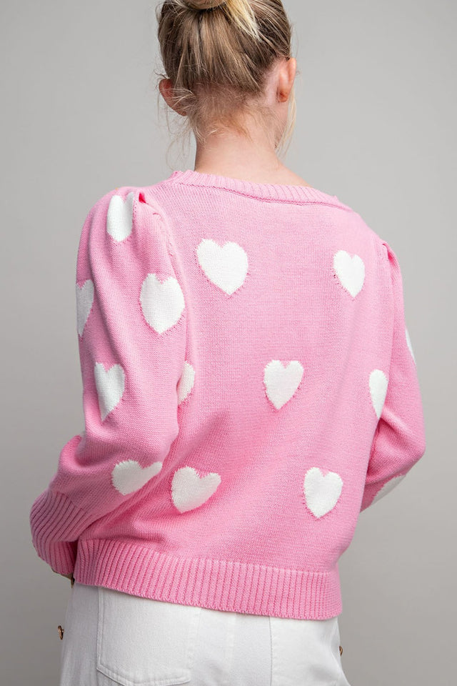 Heart Pattern Round Neck Sweater