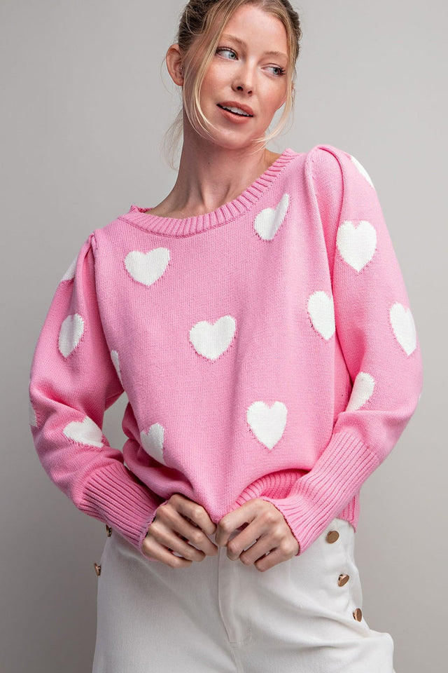Heart Pattern Round Neck Sweater