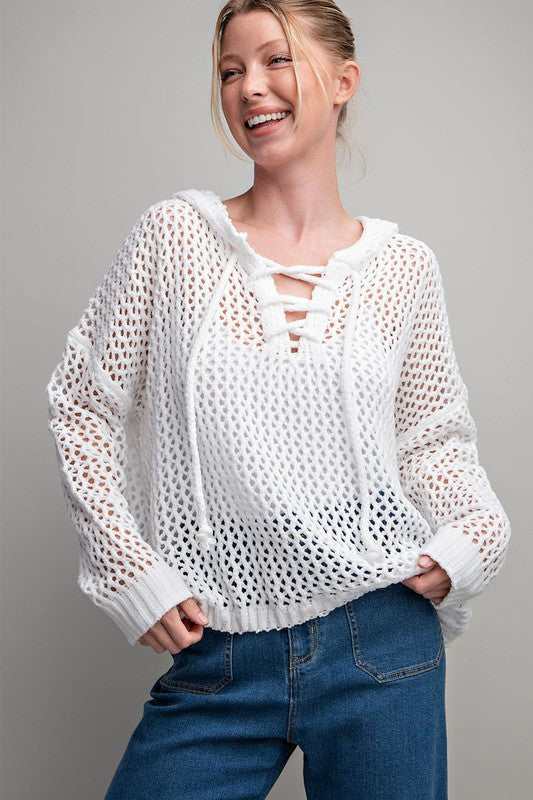 Net Knit Hood Sweater in White