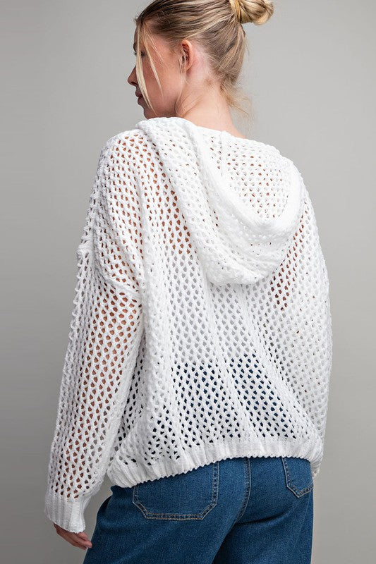 Net Knit Hood Sweater in White