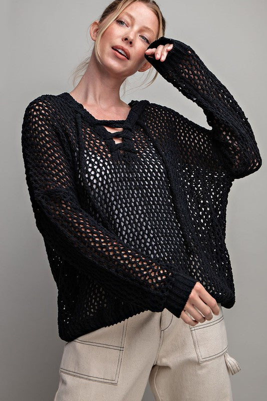 Net Knit Hood Sweater