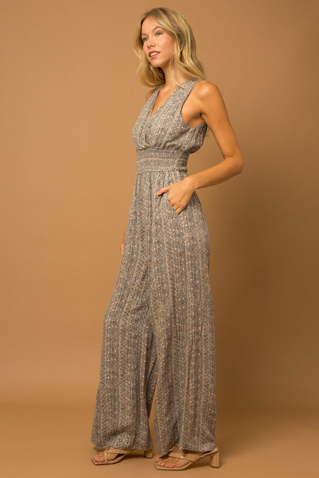 Sleeveless Waist Smocking Abstract Jumpsuit