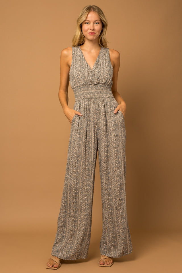 Sleeveless Waist Smocking Abstract Jumpsuit