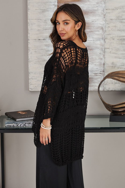 Crochet Drop Shoulder 3/4 Sleeve High Low Shirt