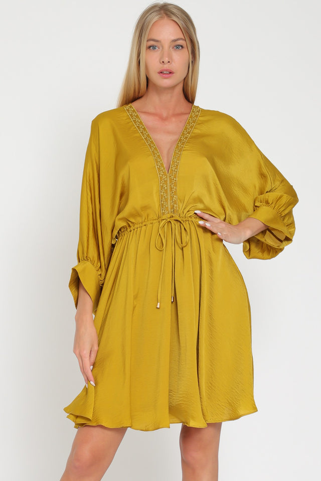 Dolman Sleeve Lace Trim Neck Tie Waisted Mini Dress