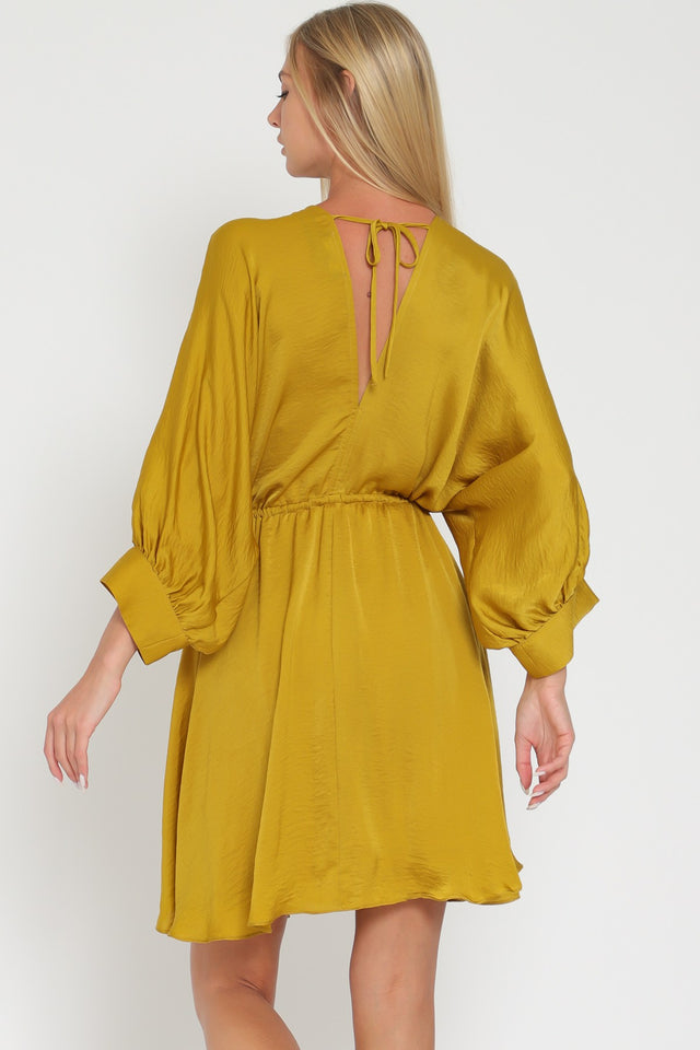 Dolman Sleeve Lace Trim Neck Tie Waisted Mini Dress