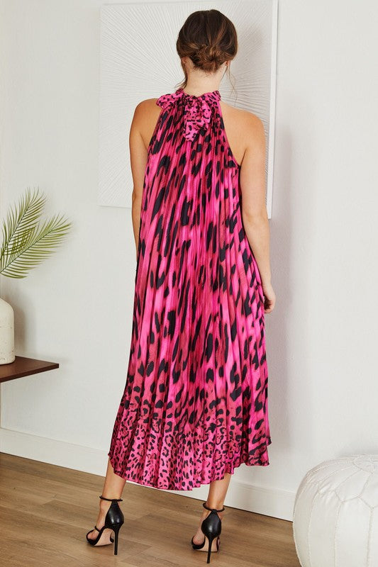 Animal Hybrid Print Pleated Long Halter Dress