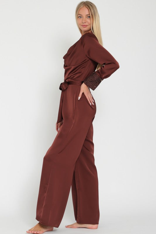 Cowl Belted Sequin Sleeve Band Detailing Jumpsuit
