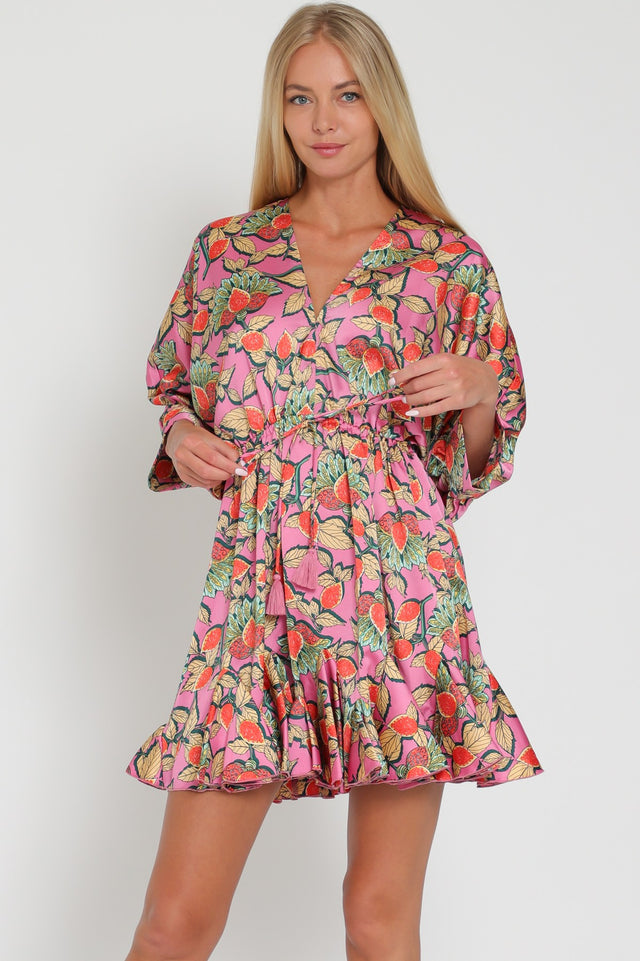 Dolman Sleeve Tie Front Waisted Ruffle Hem Mini Dress