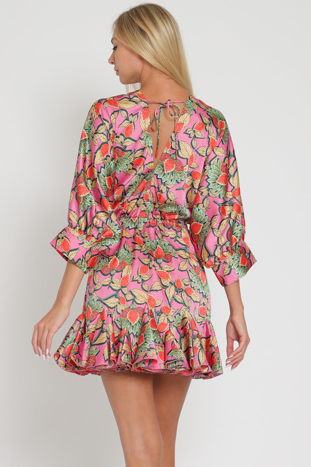 Dolman Sleeve Tie Front Waisted Ruffle Hem Mini Dress