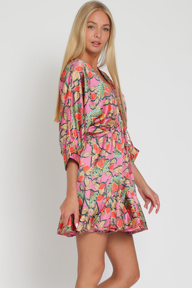Dolman Sleeve Tie Front Waisted Ruffle Hem Mini Dress