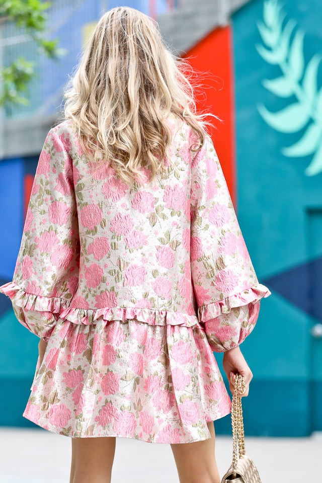 Puff Sleeve Button-Up Metallic Textured Dress