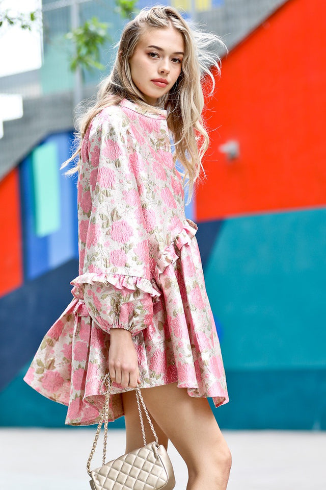 Puff Sleeve Button-Up Metallic Textured Dress