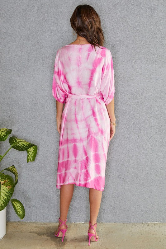 Tie Dye Silk Blend Long Kaftan With Tie Belt