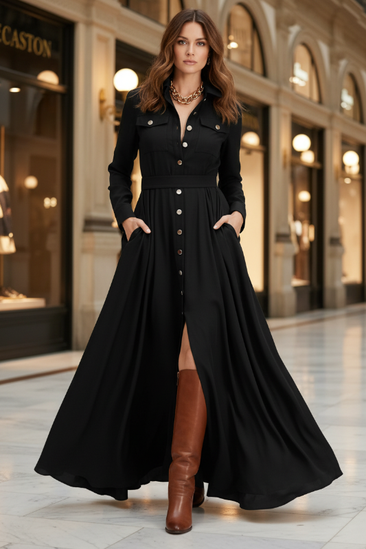 Slit Long Sleeve Maxi Shirt Dress