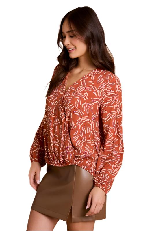 Long Sleeve Surplice Ruching Tie Top