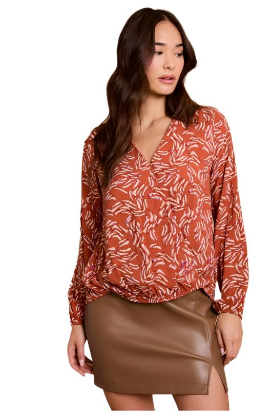 Long Sleeve Surplice Ruching Tie Top