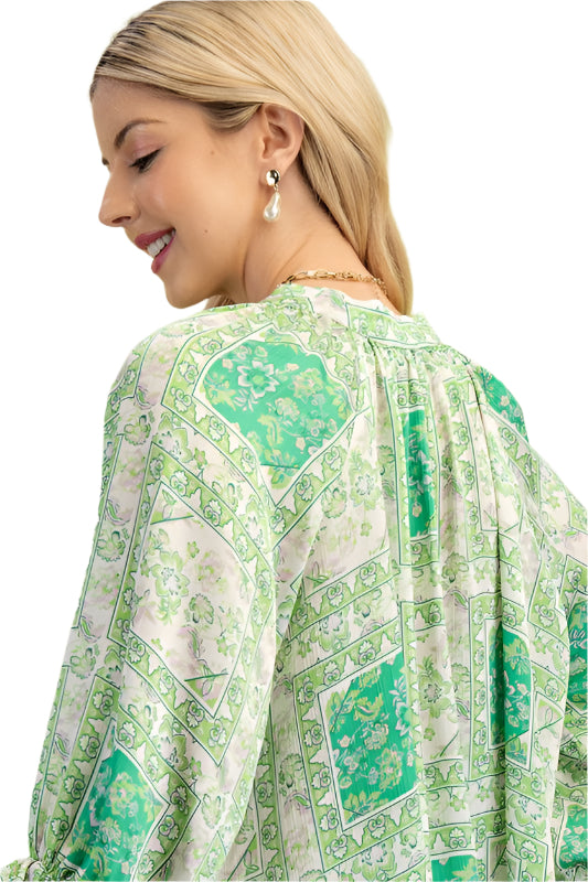 Scarf Print Loose Balloon Sleeve Blouse