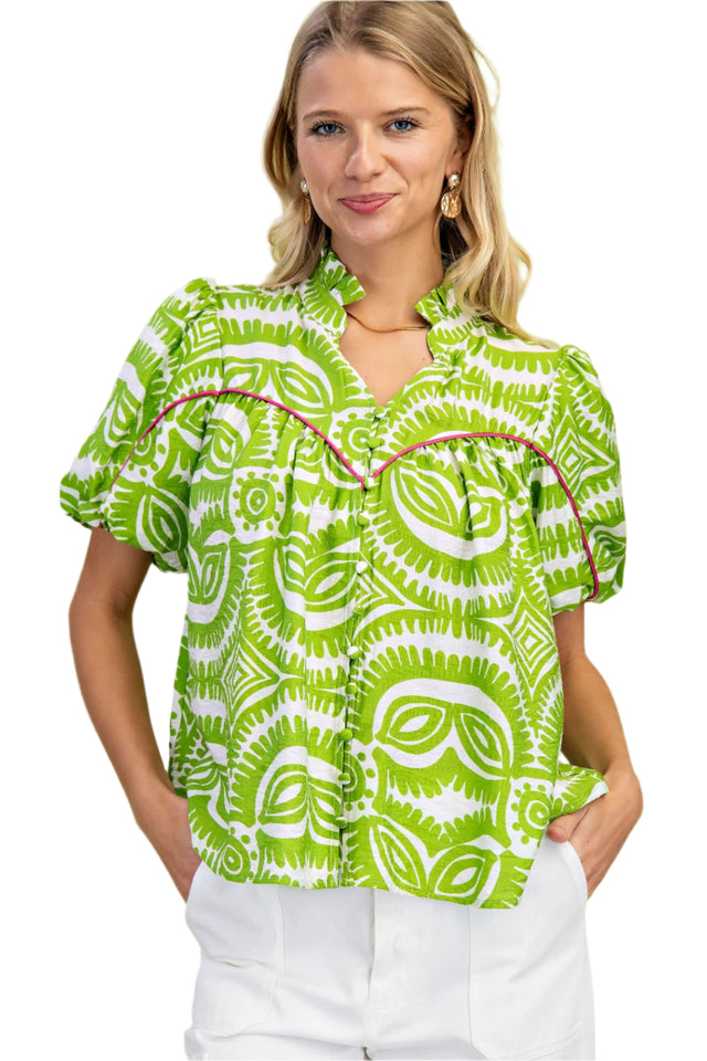 Ruffled Neck Short Puff Sleeve Top