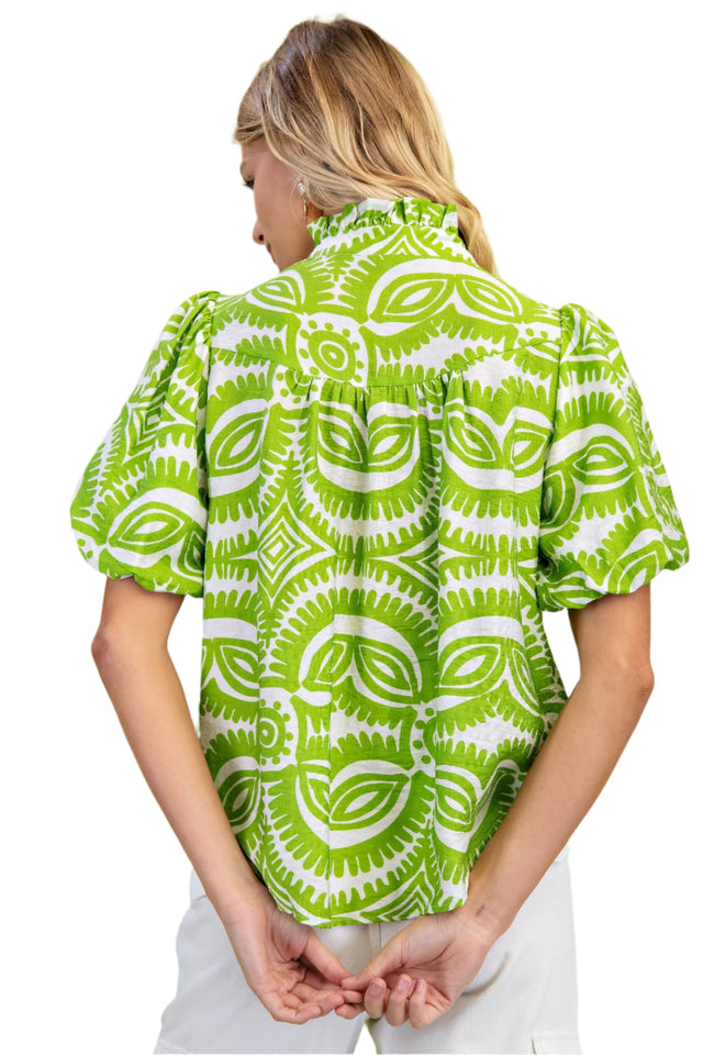 Ruffled Neck Short Puff Sleeve Top