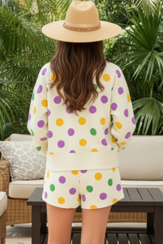 Polka Dot Drop Shoulder Drawstring Shorts Set