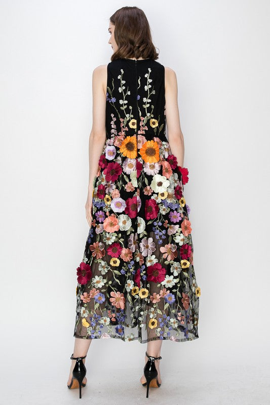 Sleeveless Floral Embroidered Midi Dress