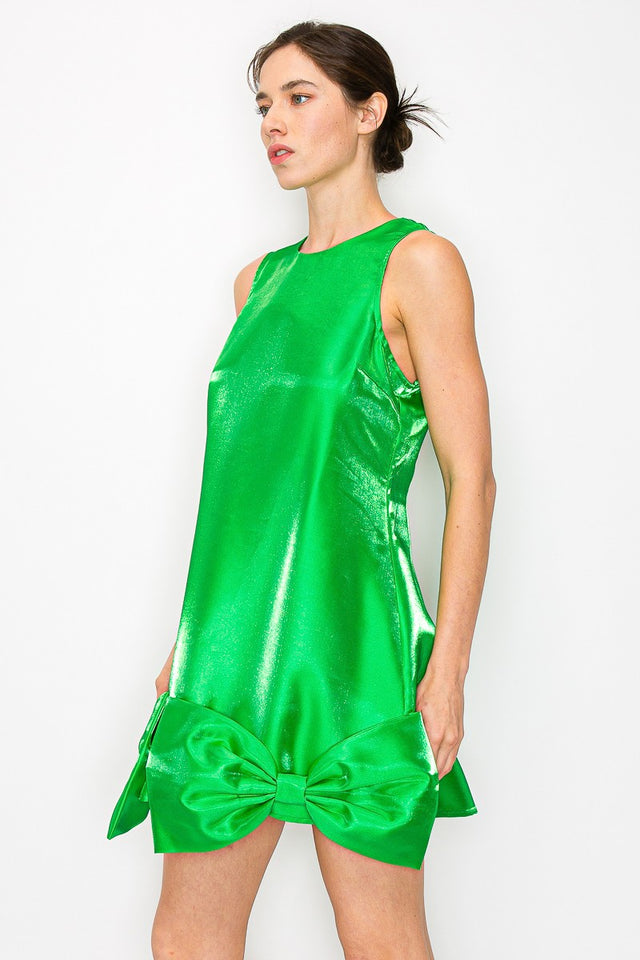 Satin Sleeveless Hemline Ribbon Detail Mini Dress