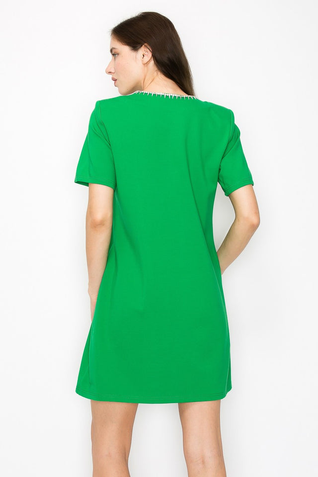 Crystal Bow And Trim V-Neck Short Sleeve Mini Dress
