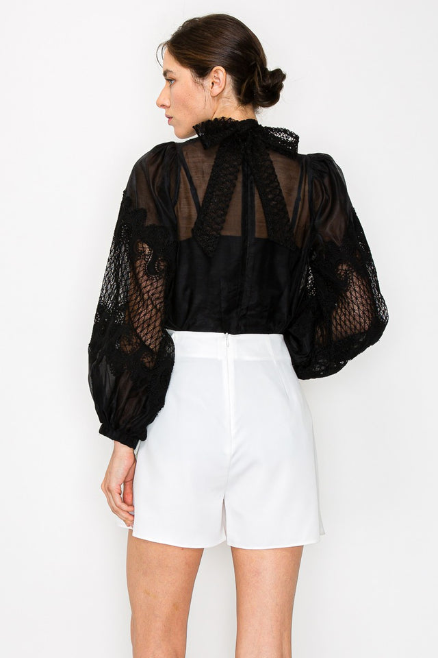 Long Puff Sleeve Mock Neck Back Tie Lace Blouse