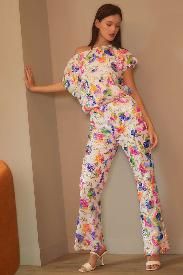 Sequin Flower Boots Cut Long Pants