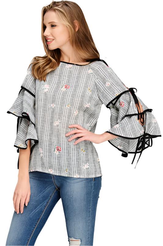 Floral Gingham Print Layered Sleeve Top