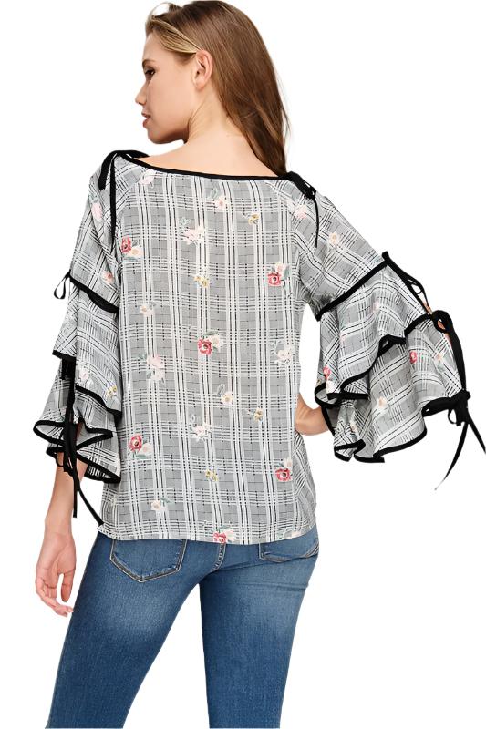 Floral Gingham Print Layered Sleeve Top