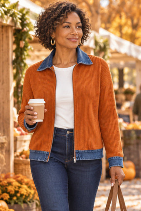Autumn Avenue Denim-Trim Ribbed Jacket