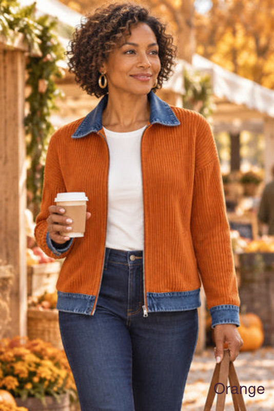 Autumn Avenue Denim-Trim Ribbed Jacket | Orange | photo
