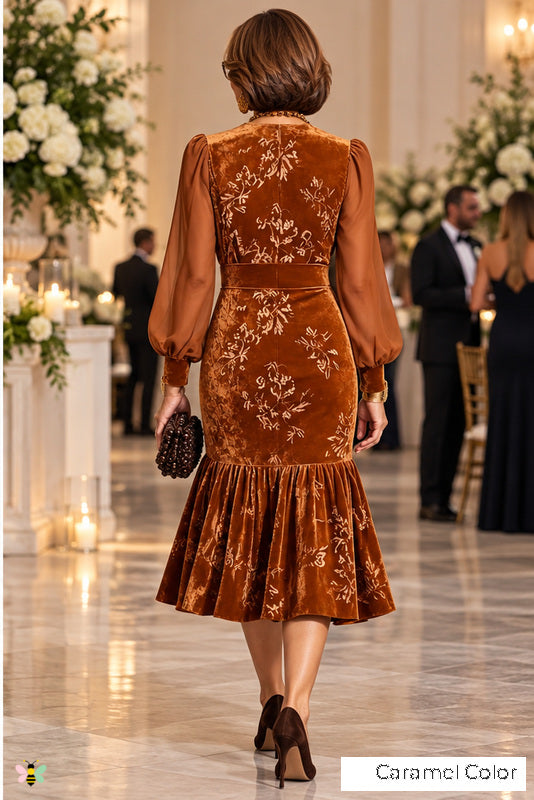 The Autumn Sonata Floral Velvet Midi Dress | Caramel Color | back