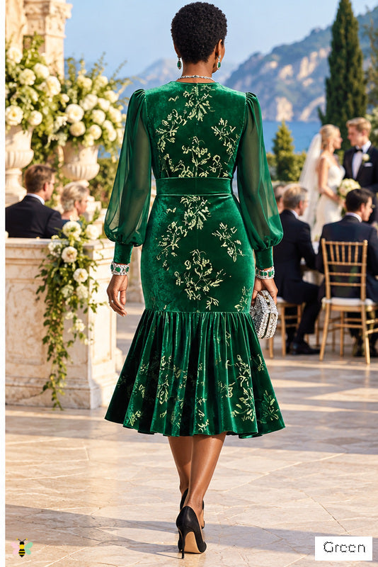 The Autumn Sonata Floral Velvet Midi Dress | Green | back