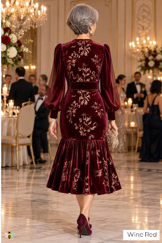 The Autumn Sonata Floral Velvet Midi Dress | Wine Red | back