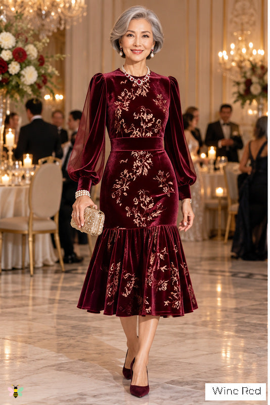 The Autumn Sonata Floral Velvet Midi Dress | Wine Red | front