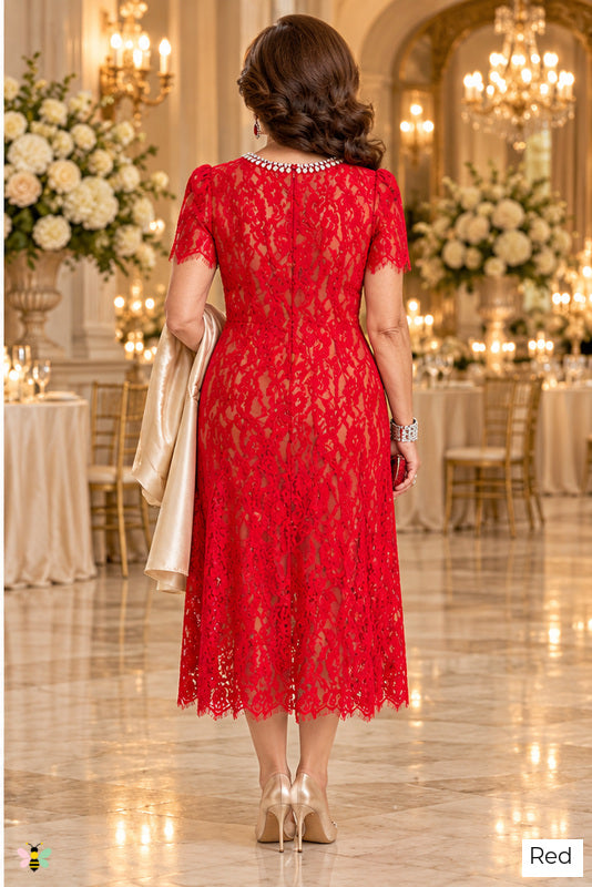 The Pearl Court Lace Midi Dress | Red | back